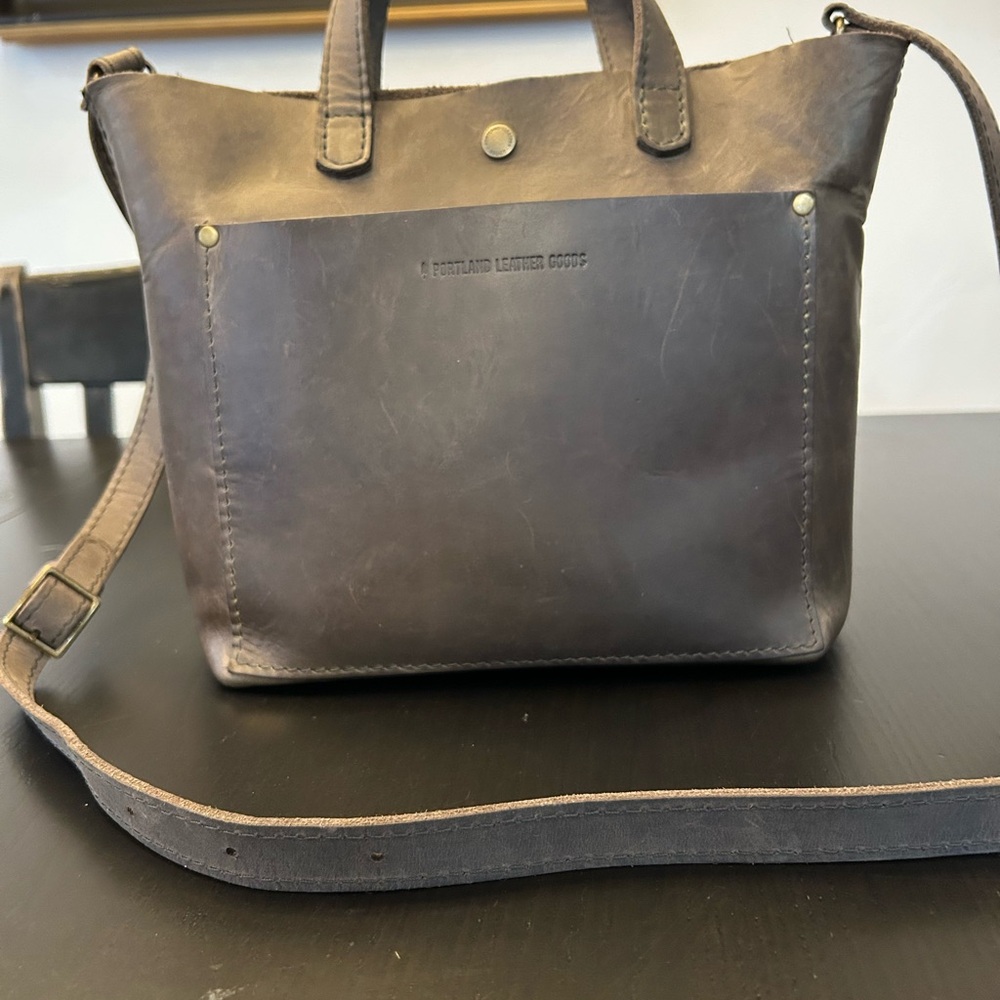 Portland Leather Goods Mini Crossbody Tote in Dark Brown/Grey